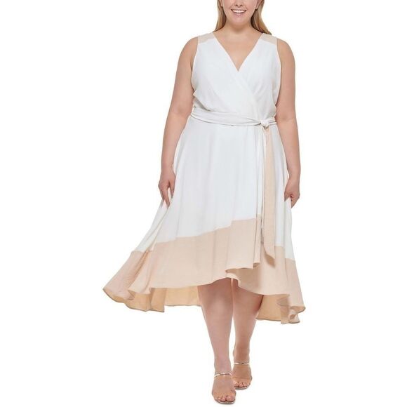 Dkny Plus Womens Size Colorblocked Faux-Wrap Dress size 14 new - Picture 1 of 13